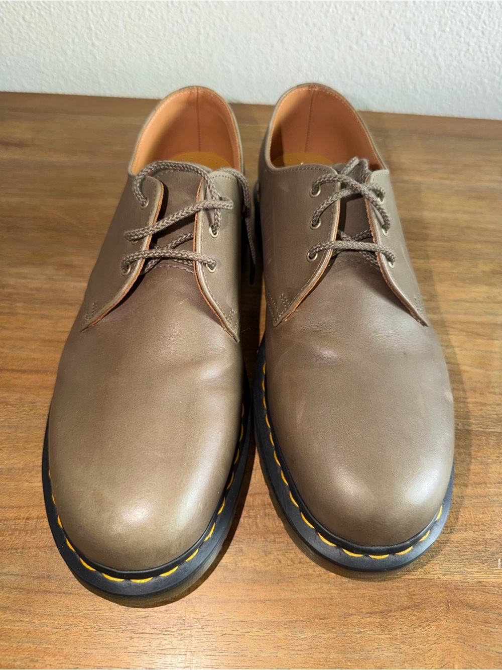 Dr. Martens Brown Leather 3-Eye Derby Shoes with Yellow Stitching